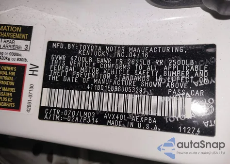 2016 Toyota Avalon Hybrid Limited из США, поврежденный, VIN 4T1BD1EB9GU053291